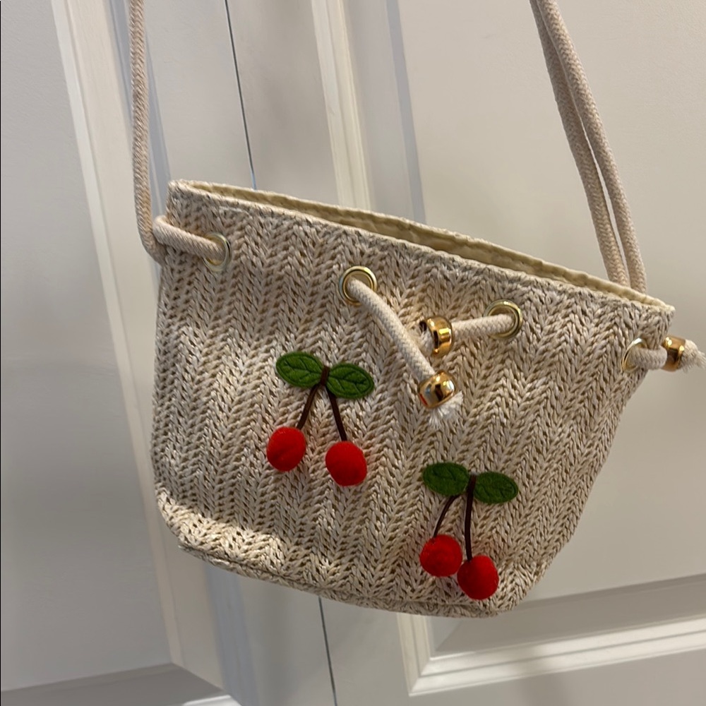 Cherry Embroidered Straw Crossbody Bag